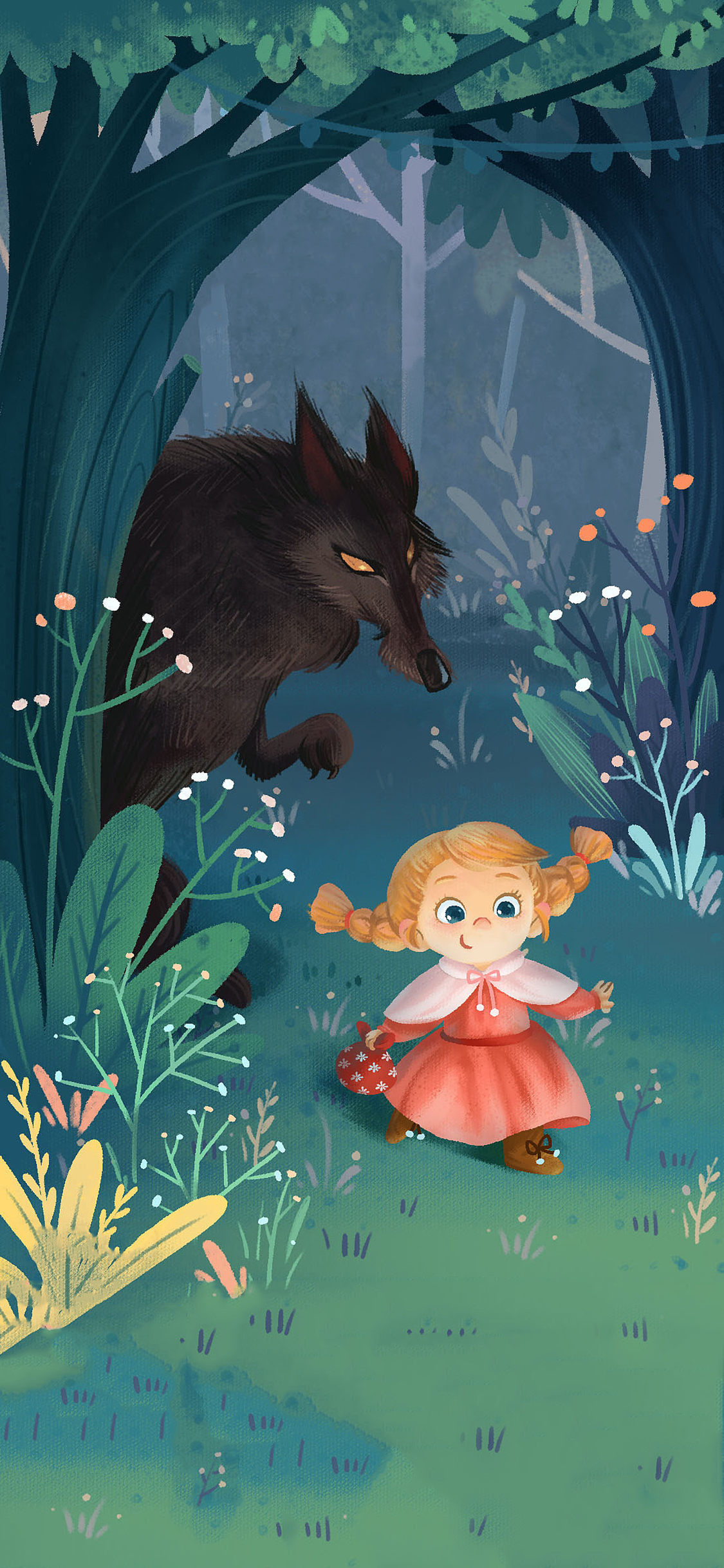 [2436×1125]童话故事 小红帽 大灰狼 苹果手机动漫壁纸图片