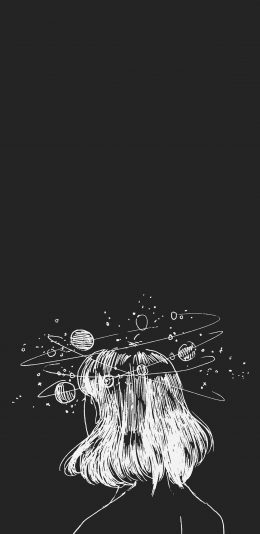 [2436x1125]简笔画 女孩 背影 星球 苹果手机动漫壁纸图片