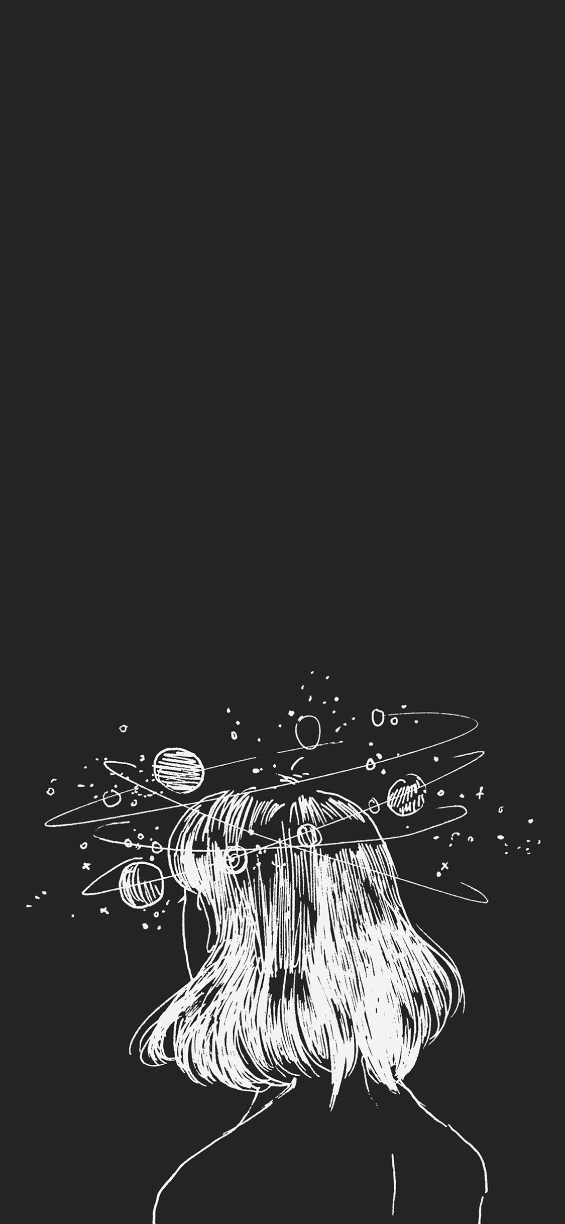 [2436×1125]简笔画 女孩 背影 星球 苹果手机动漫壁纸图片