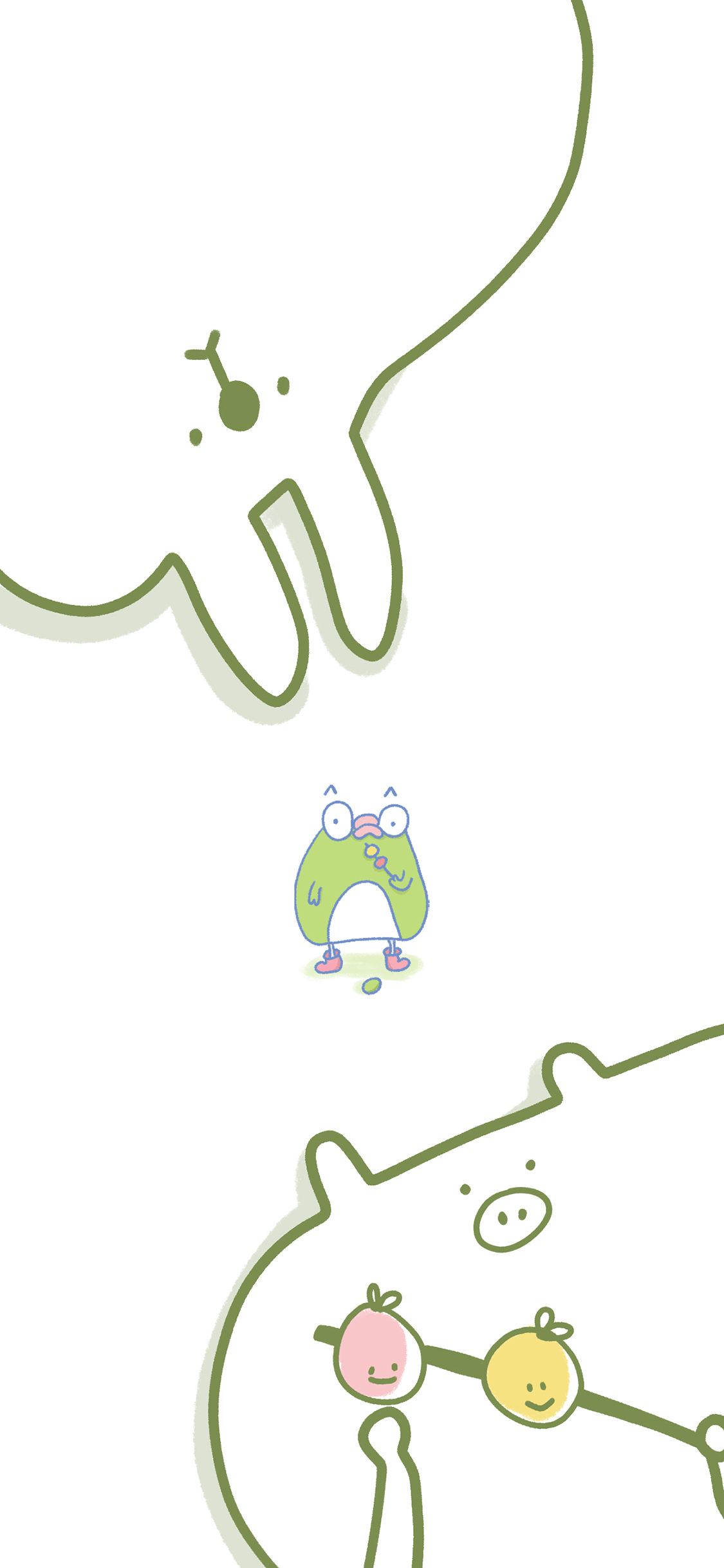 [2436×1125]简笔画 小猪 兔子 青蛙 苹果手机动漫壁纸图片