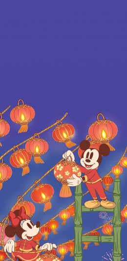 [2436x1125]米老鼠 迪士尼 挂灯笼 米妮 米奇 苹果手机动漫壁纸图片