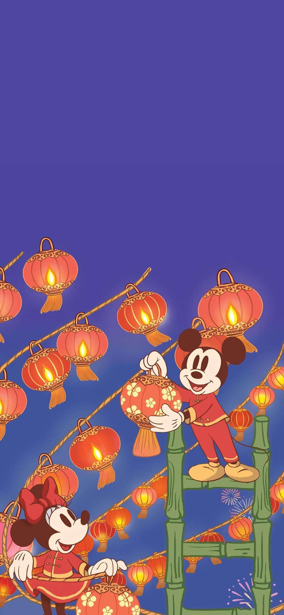 [2436×1125]米老鼠 迪士尼 挂灯笼 米妮 米奇 苹果手机动漫壁纸图片