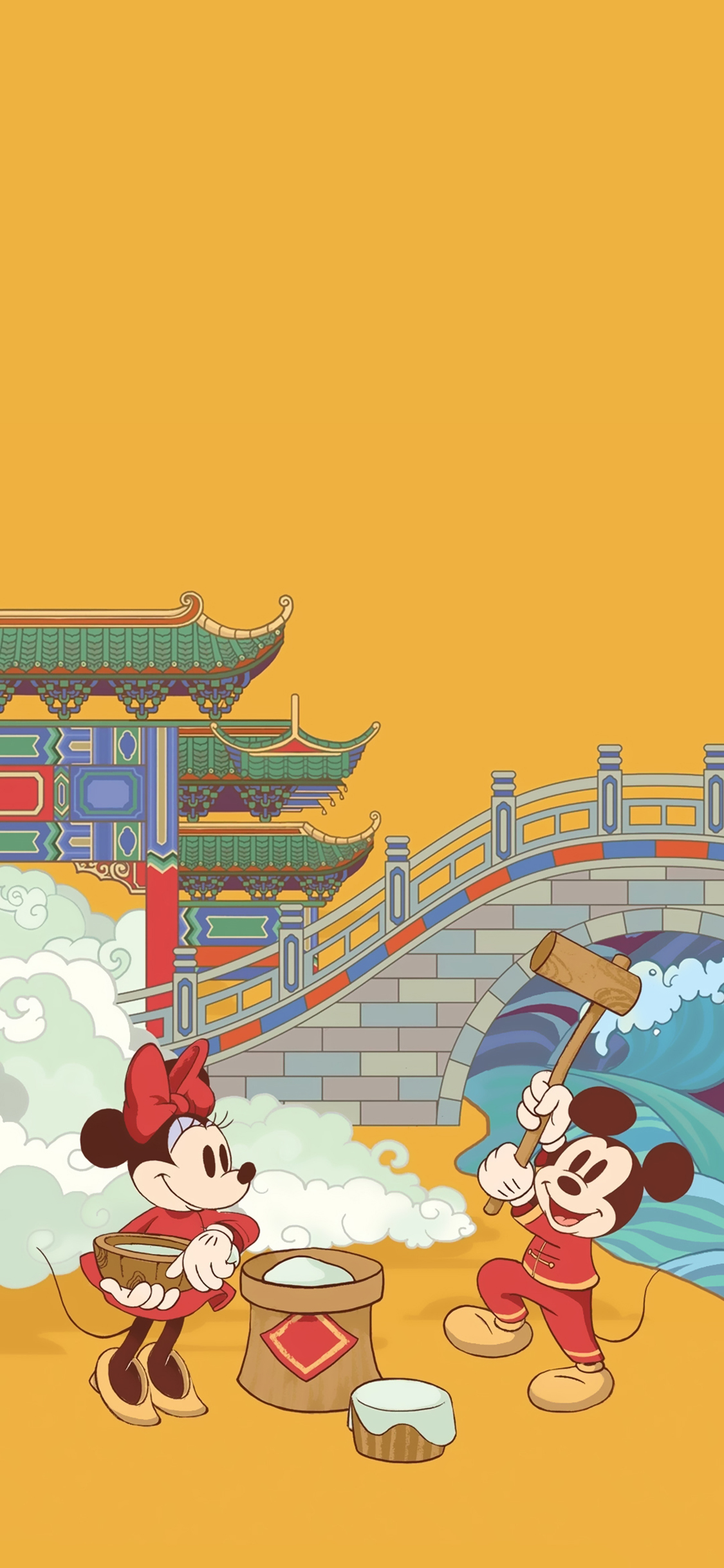 [2436×1125]米老鼠 迪士尼 米奇 米妮 打年糕 苹果手机动漫壁纸图片