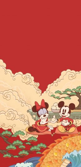 [2436x1125]米老鼠 迪士尼 米妮 米奇 红色 龙 苹果手机动漫壁纸图片