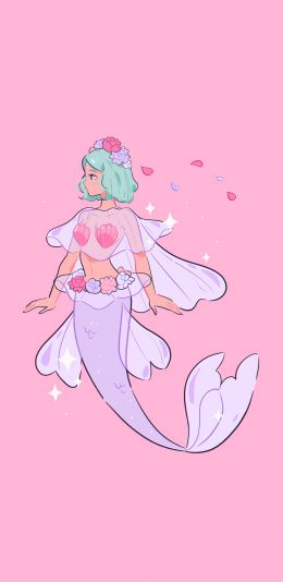 [2436x1125]粉涩背景 美人鱼 贝壳 花瓣 苹果手机动漫壁纸图片