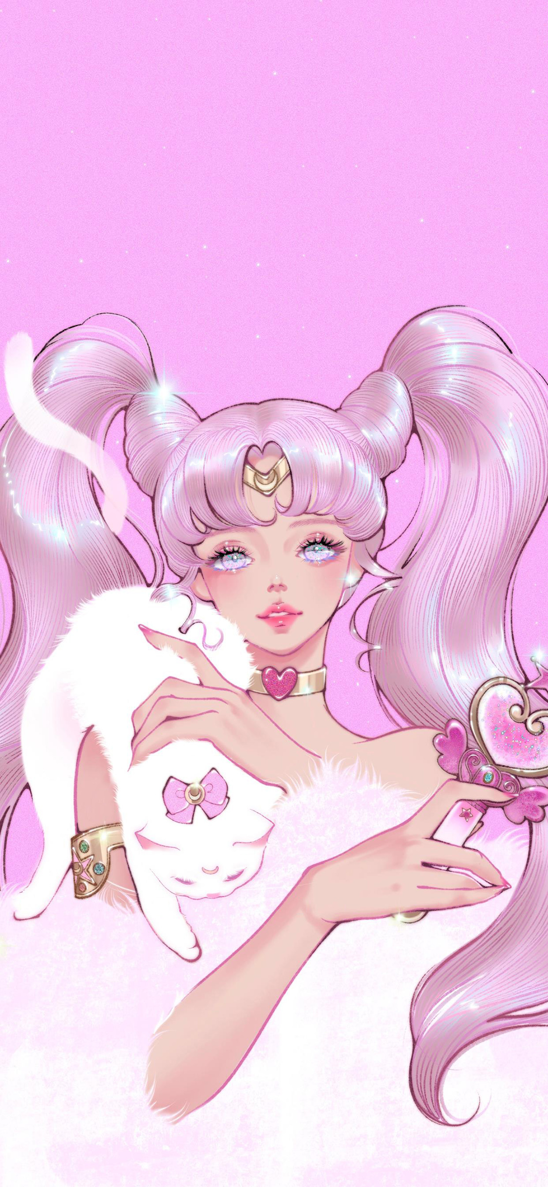 [2436×1125]粉色 动漫 少女 猫咪 苹果手机动漫壁纸图片