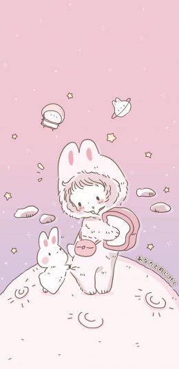 [2436x1125]粉色 卡通 女孩 兔子 苹果手机动漫壁纸图片