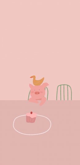 [2436x1125]粉色 卡通 猪猪 鸭子 蛋糕 苹果手机动漫壁纸图片