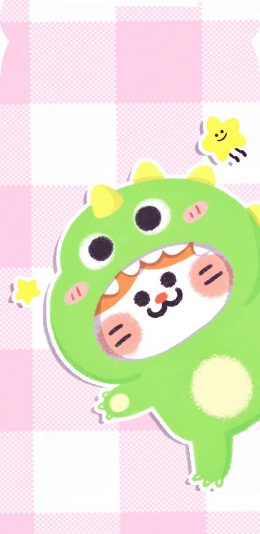 [2436x1125]粉色 格子 卡通 猫咪 苹果手机动漫壁纸图片