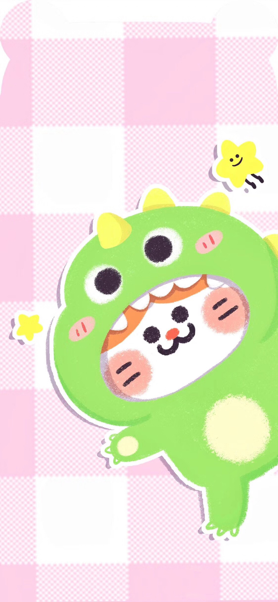 [2436×1125]粉色 格子 卡通 猫咪 苹果手机动漫壁纸图片