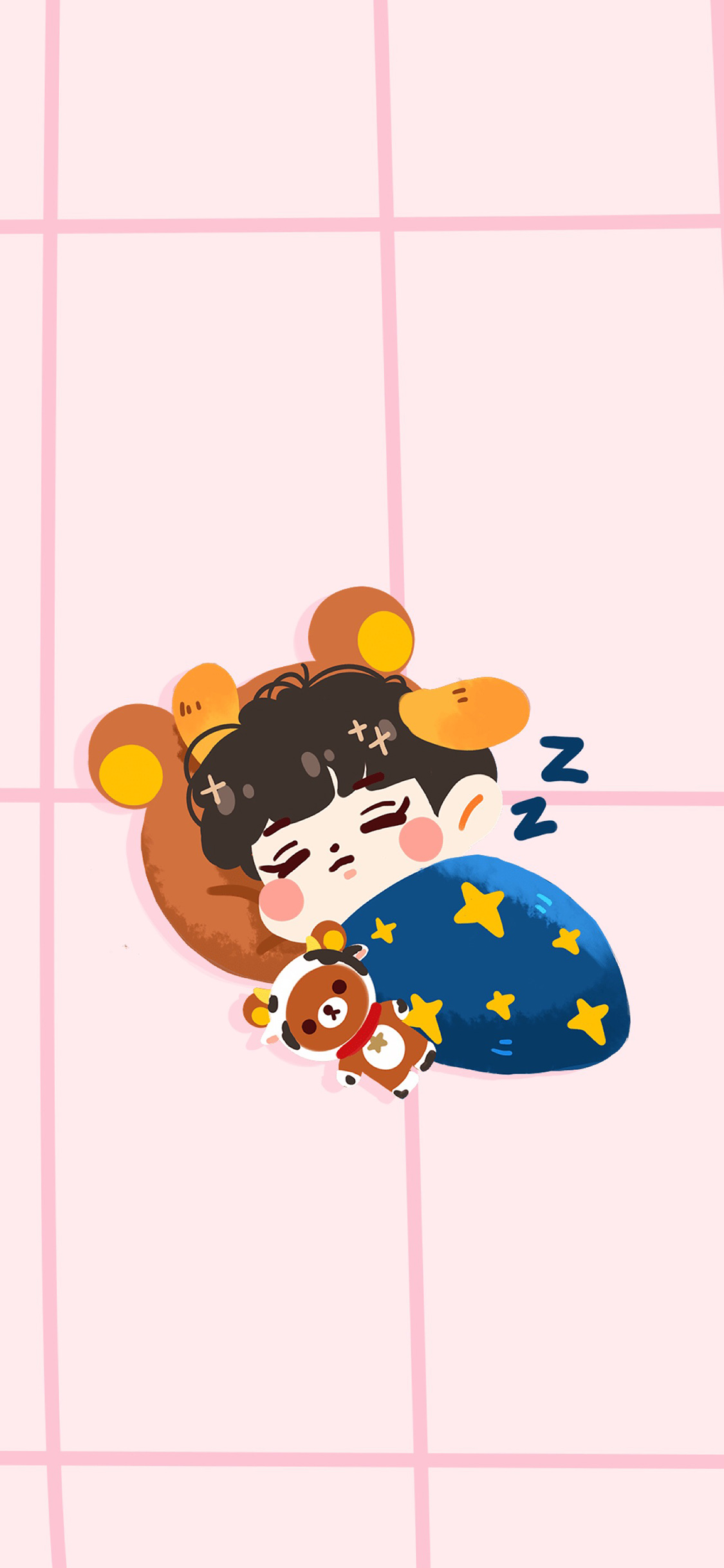 [2436×1125]粉色 格子 手绘男孩 睡觉 苹果手机动漫壁纸图片