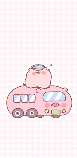 [2436x1125]粉色 格子 背景 卡通 猪猪 苹果手机动漫壁纸图片