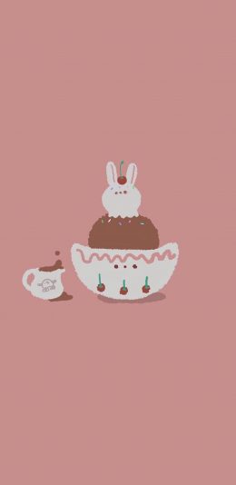 [2436x1125]粉色 背景 卡通 兔子 甜品 苹果手机动漫壁纸图片