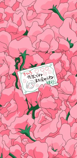 [2436x1125]粉色玫瑰 平铺 纸条 元气 苹果手机动漫壁纸图片