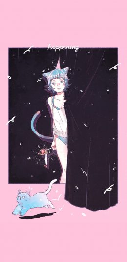 [2436x1125]粉色背景 动漫萝莉 猫系 苹果手机动漫壁纸图片