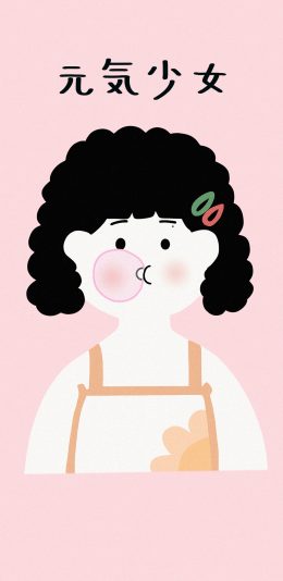 [2436x1125]粉色背景 卡通 女孩 元气少女 （取自微博：寄喜饼给你喔） 苹果手机动漫壁纸图片