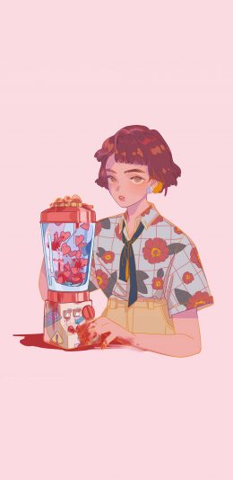 [2436x1125]粉色背景 卡通 女孩 榨汁机 爱心 苹果手机动漫壁纸图片
