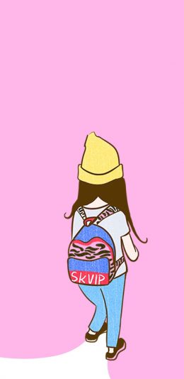 [2436x1125]粉色背景 卡通 女孩 背影 苹果手机动漫壁纸图片