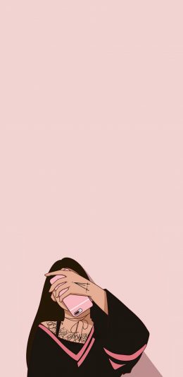 [2436x1125]粉色背景 卡通 女孩 自拍 苹果手机动漫壁纸图片