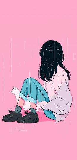 [2436x1125]粉色背景 卡通 女孩 雨水 苹果手机动漫壁纸图片
