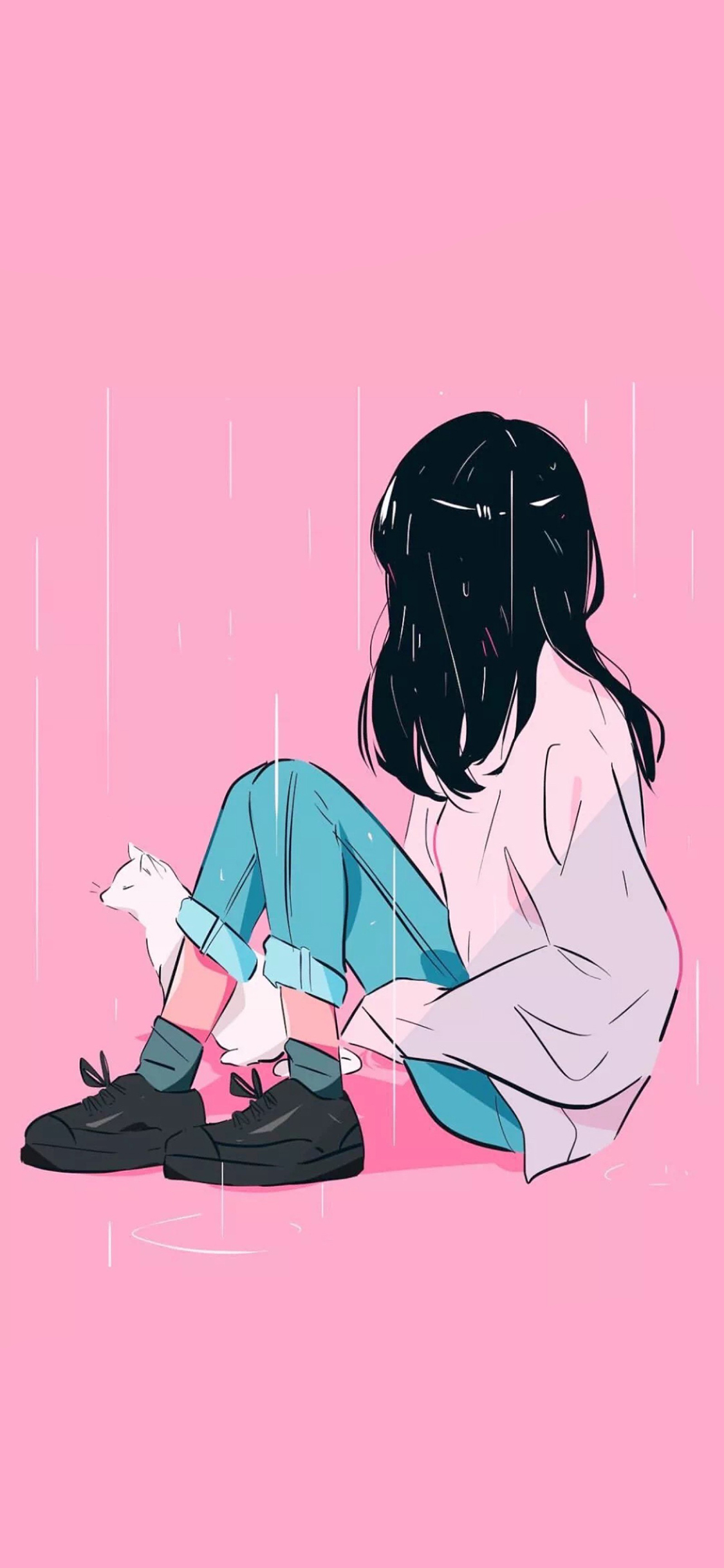 [2436×1125]粉色背景 卡通 女孩 雨水 苹果手机动漫壁纸图片