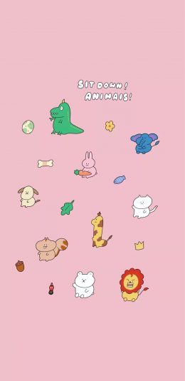 [2436x1125]粉色背景 卡通 小动物 长劲鹿 兔子 狮子 苹果手机动漫壁纸图片