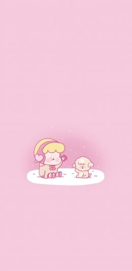 [2436x1125]粉色背景 卡通 小女孩 狗狗 苹果手机动漫壁纸图片