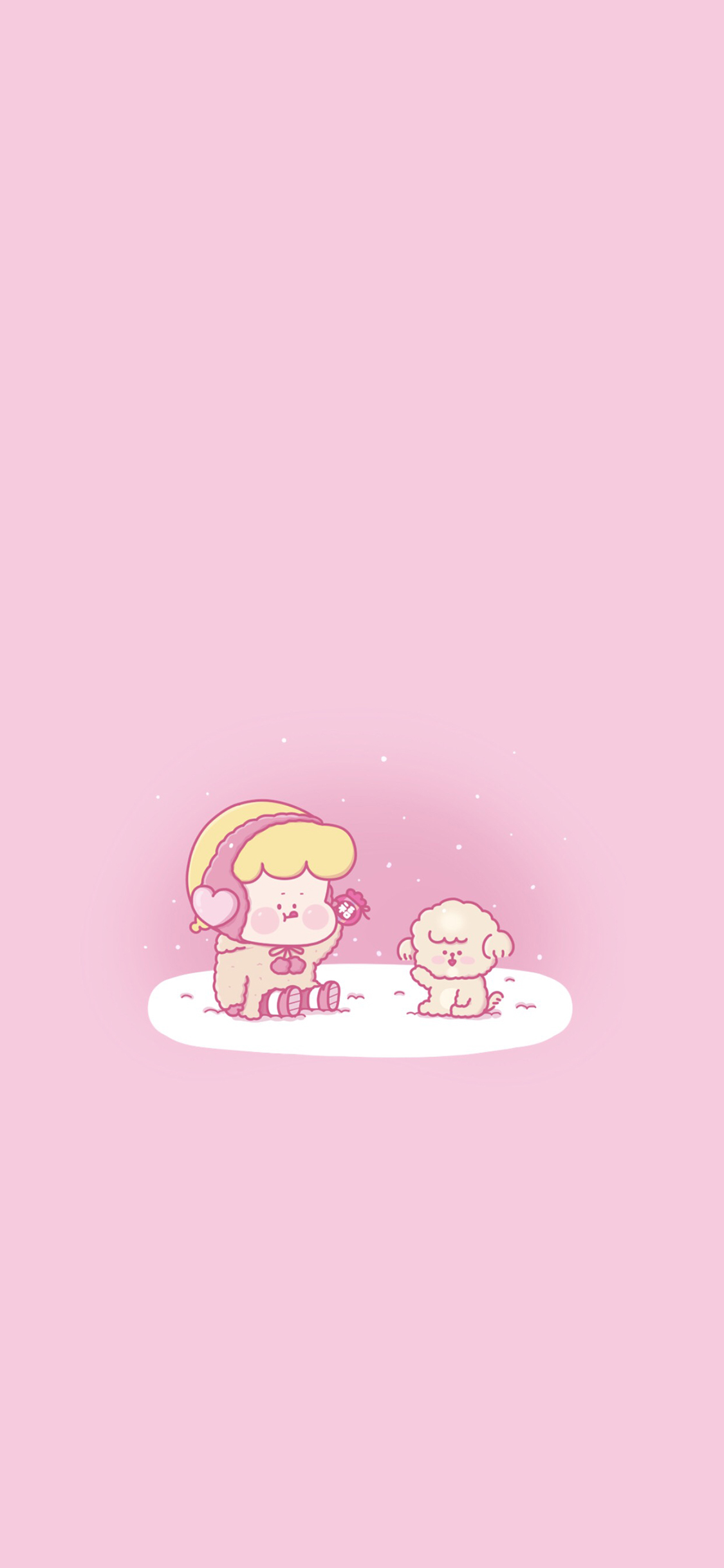 [2436×1125]粉色背景 卡通 小女孩 狗狗 苹果手机动漫壁纸图片