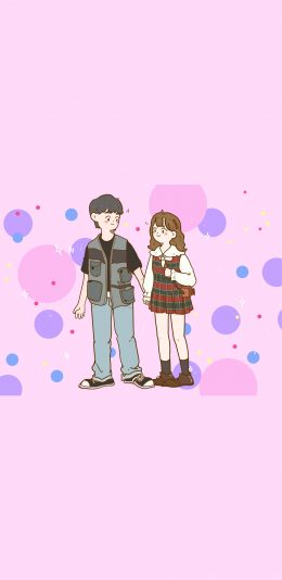 [2436x1125]粉色背景 卡通 情侣 少女心 苹果手机动漫壁纸图片