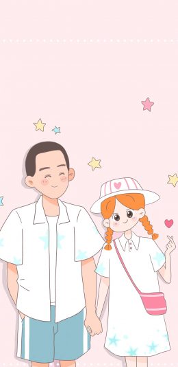 [2436x1125]粉色背景 卡通 情侣 牵手 苹果手机动漫壁纸图片