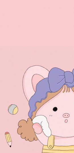 [2436x1125]粉色背景 卡通 猪小妹 铅笔 可爱 苹果手机动漫壁纸图片