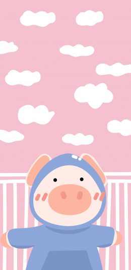 [2436x1125]粉色背景 卡通 猪猪 云朵 可爱 苹果手机动漫壁纸图片