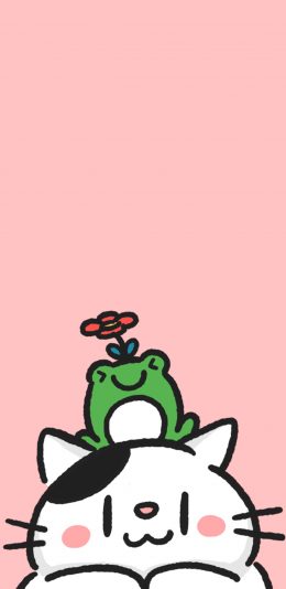 [2436x1125]粉色背景 卡通 猫咪 小青蛙 苹果手机动漫壁纸图片