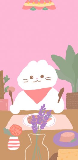 [2436x1125]粉色背景 卡通 猫咪 用餐 苹果手机动漫壁纸图片
