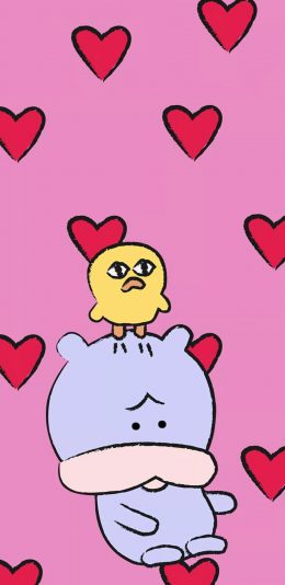 [2436x1125]粉色背景 卡通 萌物 小黄鸡 爱心 苹果手机动漫壁纸图片