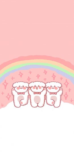 [2436x1125]粉色背景 卡通 萌物 彩虹 苹果手机动漫壁纸图片