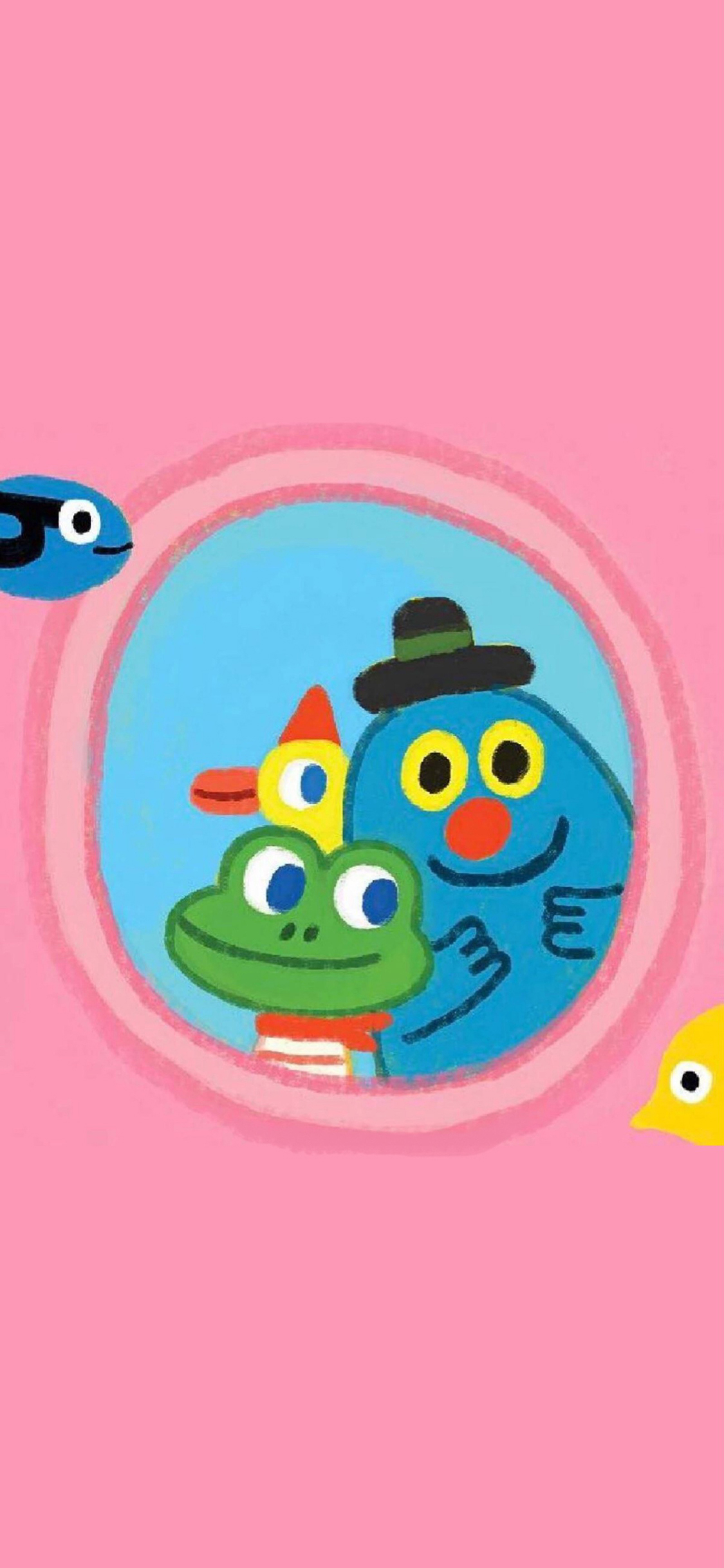 [2436×1125]粉色背景 卡通 萌物 青蛙 蓝色 苹果手机动漫壁纸图片