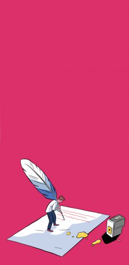 [2436x1125]粉色背景 卡通人物 写信 羽毛笔 苹果手机动漫壁纸图片