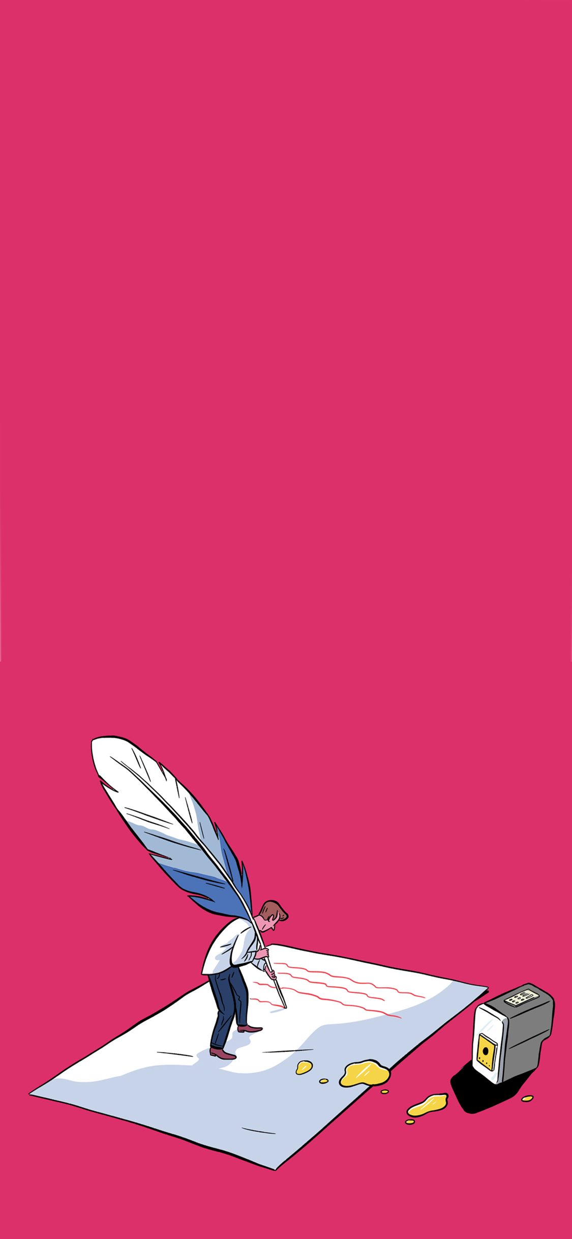 [2436×1125]粉色背景 卡通人物 写信 羽毛笔 苹果手机动漫壁纸图片