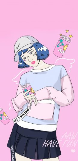 [2436x1125]粉色背景 卡通女孩 短发 潮流 苹果手机动漫壁纸图片