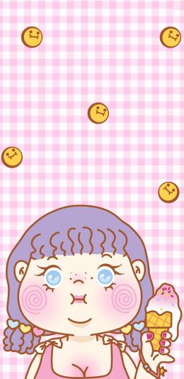 [2436x1125]粉色背景 卡通小女孩 冰淇淋 表情包 苹果手机动漫壁纸图片