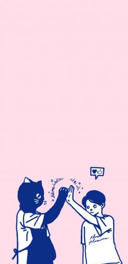 [2436x1125]粉色背景 卡通猫咪 小人 击掌 苹果手机动漫壁纸图片