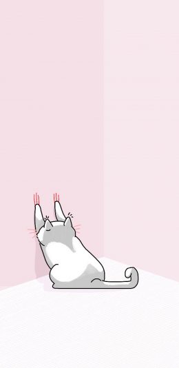 [2436x1125]粉色背景 卡通猫咪 挠墙 苹果手机动漫壁纸图片