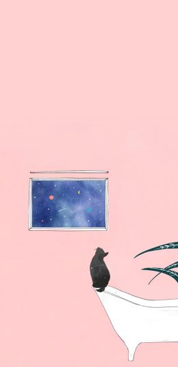 [2436x1125]粉色背景 卡通黑猫 浴缸 窗户 星空 苹果手机动漫壁纸图片