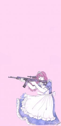[2436x1125]粉色背景 女仆 机枪少女 苹果手机动漫壁纸图片