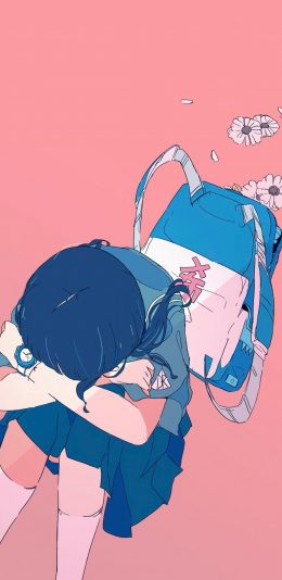 [2436x1125]粉色背景 女孩 卡通 哭泣 苹果手机动漫壁纸图片