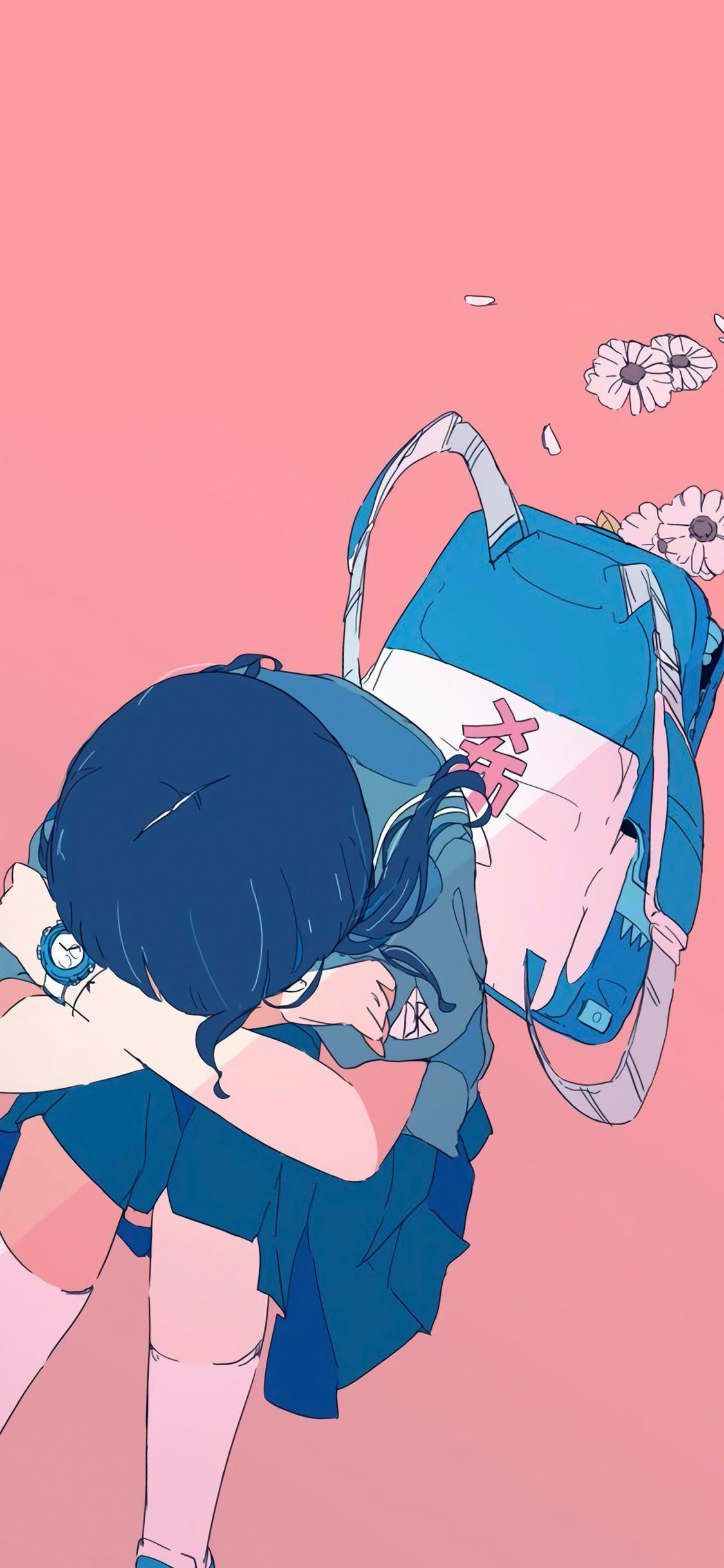 [2436×1125]粉色背景 女孩 卡通 哭泣 苹果手机动漫壁纸图片