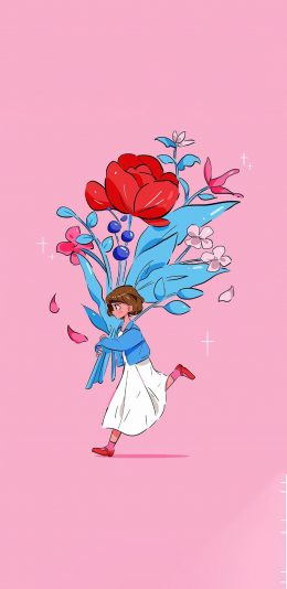 [2436x1125]粉色背景 插图 女孩 花束 苹果手机动漫壁纸图片