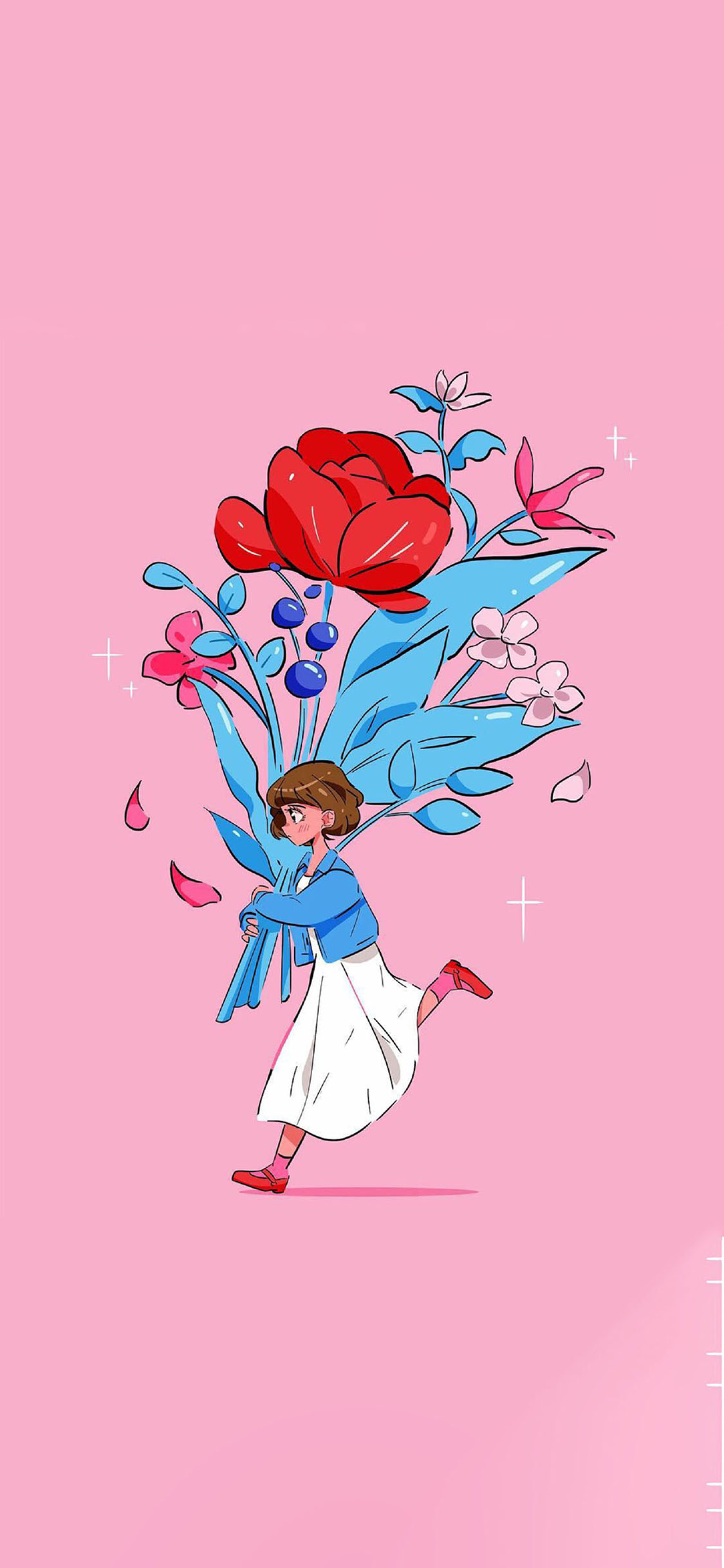 [2436×1125]粉色背景 插图 女孩 花束 苹果手机动漫壁纸图片