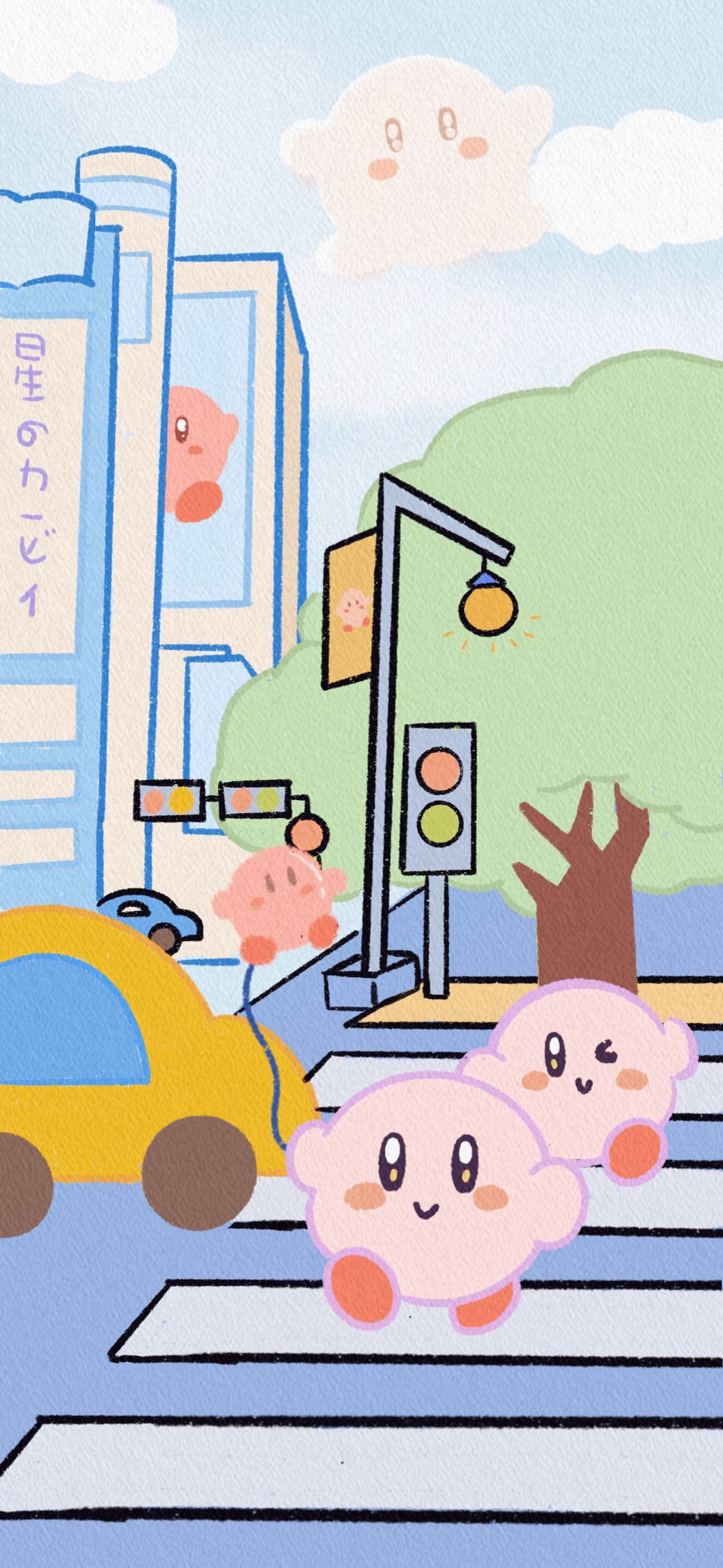 [2436×1125]精灵宝可梦 星之卡比 马路 可爱（取自微博：碗叮当） 苹果手机动漫壁纸图片